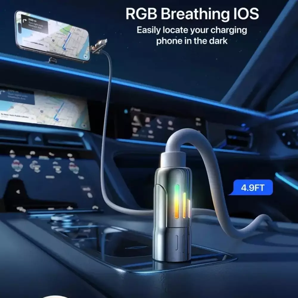 USB 4-in-1 Schnelllade-Kabel 30W | USB-C zu USB anti-verwickelndes Silikon RGB-LED Multi-Geräte-Kompatibilität und langlebig (2 m) - Grau